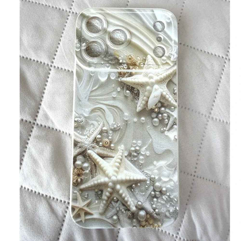 iPhone 17 Pro Max Case Starfish Pearl Coastal Beach 3D Print White Gold Cover